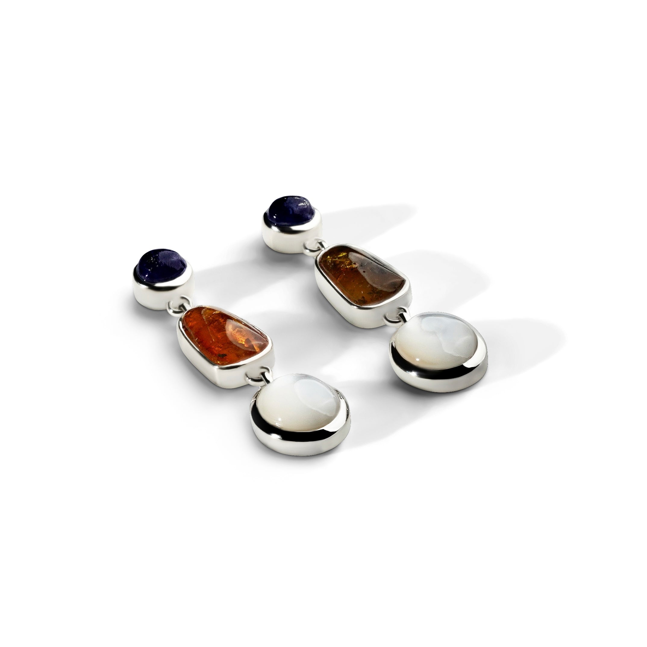 Colorful Life Drop Earrings, Sterling Silver, Lapis Lazuli, Amber, Mother of Pearl