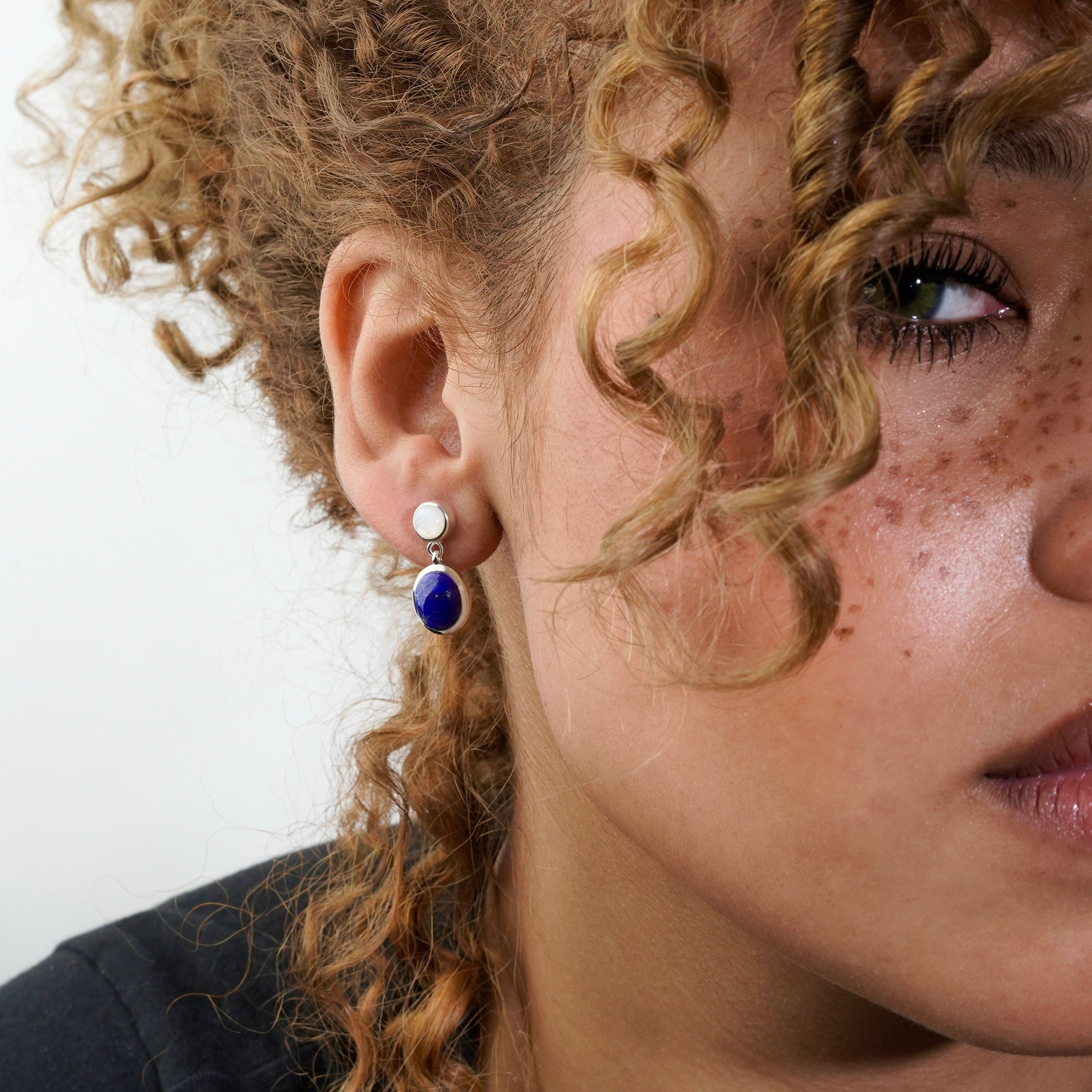 Colorful Life Short Drop Earrings, Sterling Silver, Lapis Lazuli, Mother of Pearl